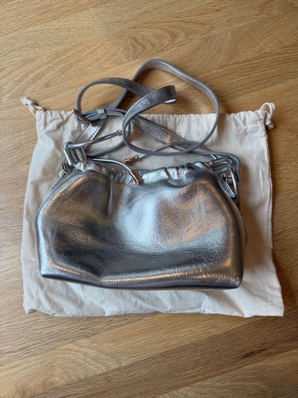 A.P.C. Metallic Silver Gathered Crossbody Bag “Ninon Mini”